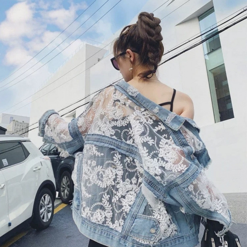 Women's Short Lace Ripped Denim Jacket Autumn New Style Mesh Embroidery Sun Protection Outerwear_ecoleips.com