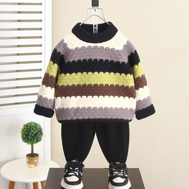 6776 ropa de otoño e invierno para niños suéter a rayas 2025 nuevo suéter de punto grueso para niños de invierno top ropa de bebé