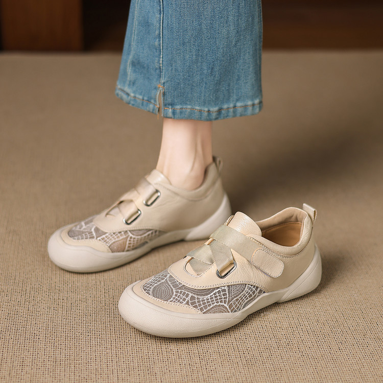 Giày sneaker nữ phối màu da thật lỗ thoáng khí đế bệt buộc dây kết hợp miếng dán — màu trắng ngà chi tiết 31