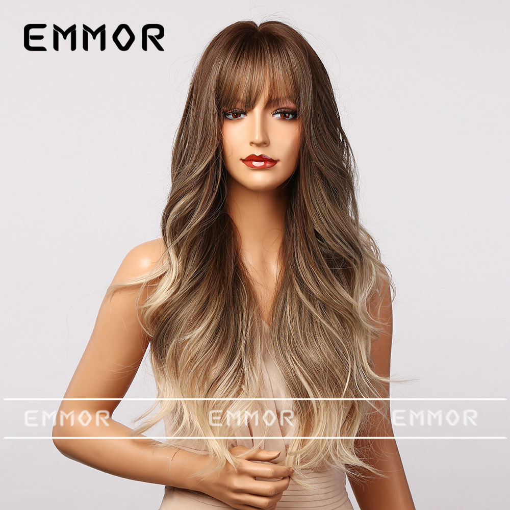 Venta caliente de alta temperatura gradiente de seda marrón onda grande medio largo pelo rizado europeo y americano transfronterizo peluca femenina cubierta de la cabeza completa