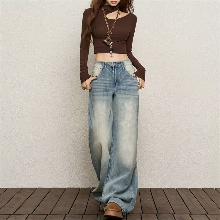 American retro washed light blue jeans for women, loose straight-leg wide-leg long pants, trendy drapey relaxed silhouette pants American retro washed light blue jeans for women, loose straight-leg wide-leg long pants, trendy drapey relaxed silhouette pants