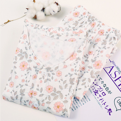 中老年純棉開衫扣子短袖睡衣長睡褲印花寬松加大薄款家居服防蚊褲