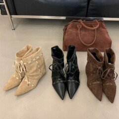 内增高绒面尖头短靴女鞋2025新款春秋单靴系带配裙子西部牛仔靴子