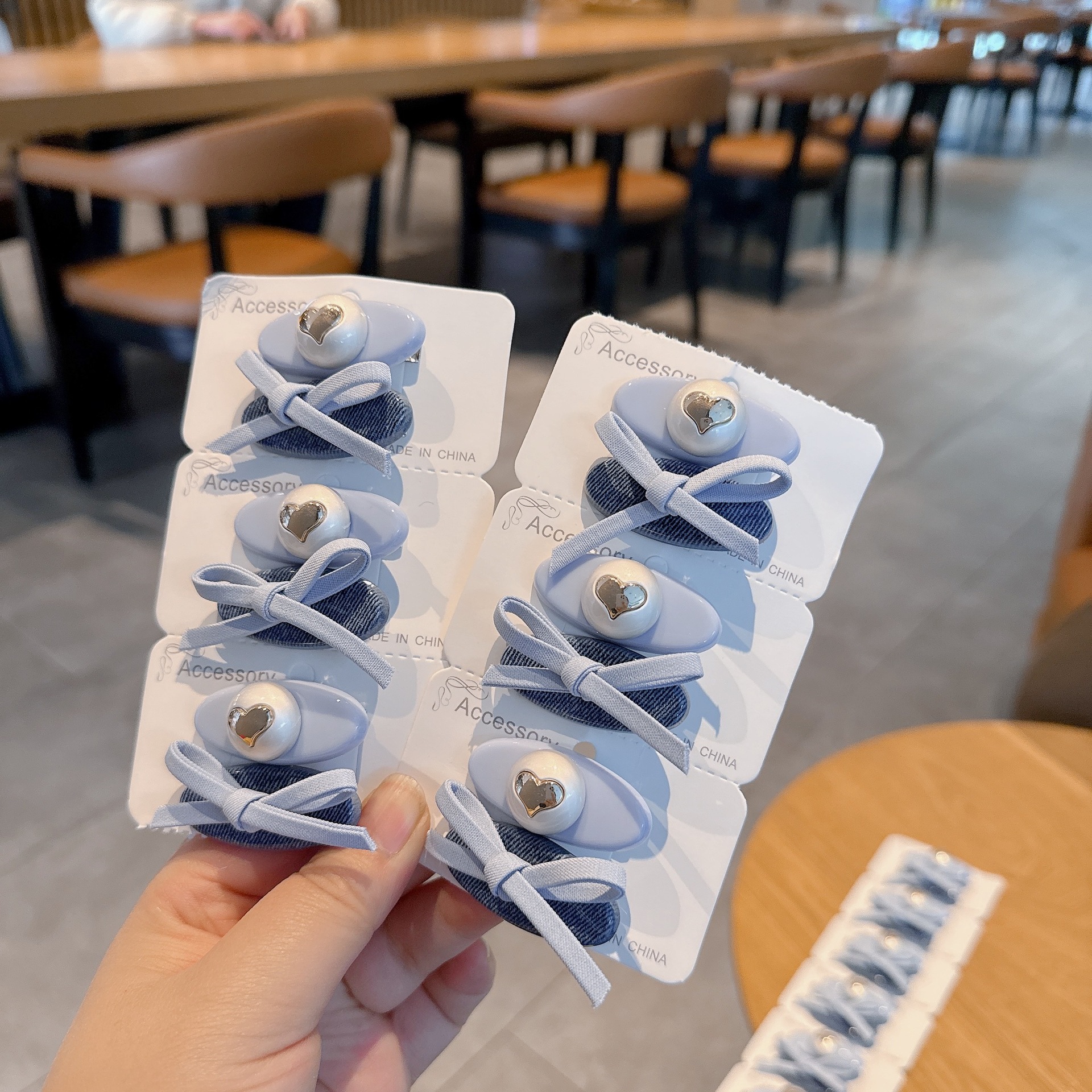 Korean-Style Girl Pink-Blue Heart Diamond Bow Hairpin Hair Accessory Side Clip Bangs Hairpin