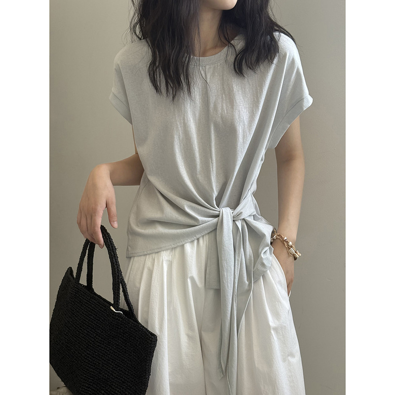 Beishan Tongshu Korean-style tie-waist short-sleeve T-shirt for women, summer elegant simple slim-fit round-neck top 82527 Beishan Tongshu Korean-style tie-waist short-sleeve T-shirt for women, summer elegant simple slim-fit round-neck top 82527