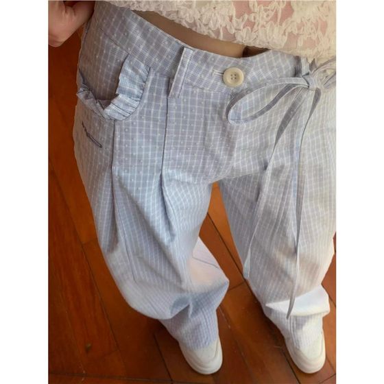 [in stock, original practice] xiangfeng refreshing blue and white plaid bow lace casual pants women's wide leg long