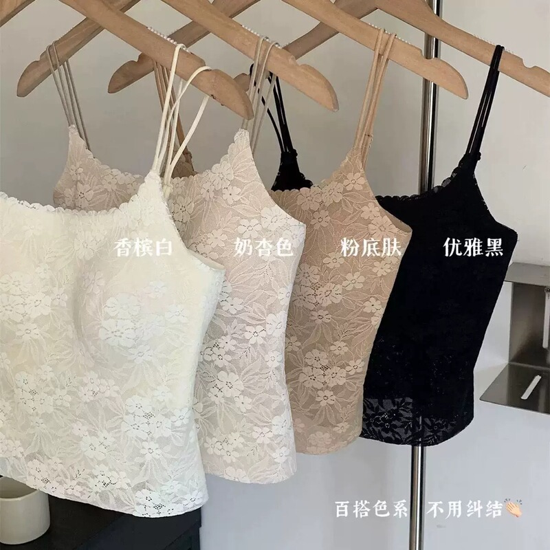 French-style lace camisole for women with built-in cups, suitable for both inner and outer wear, with a large open back, slim fit, and beautiful back design French-style lace camisole for women with built-in cups, suitable for both inner and outer wear, with a large open back, slim fit, and beautiful back design