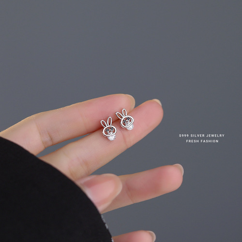 999 Silver Plated Rhinestone Rabbit Ear Studs for Women, Cute and Trendy, Instagram Style, Unique Design, Wholesale Women's Stud Earrings