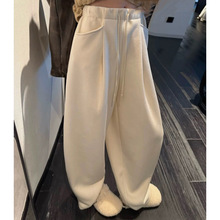 好布料复古慵懒抽绳口袋阔腿裤女宽松显瘦加厚加绒呢子弯刀奶奶裤