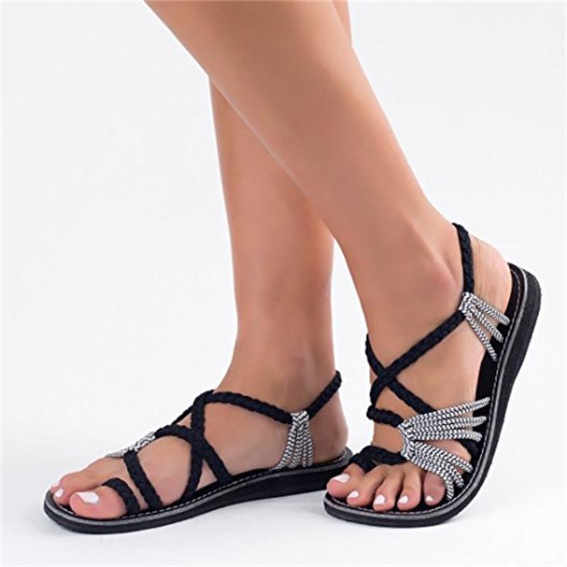 Summer 2020 export large-sized herd-shaped sandals, European and American beach open-toe flat and fashionable straw-woven rope knot women's sandals Specification drawing