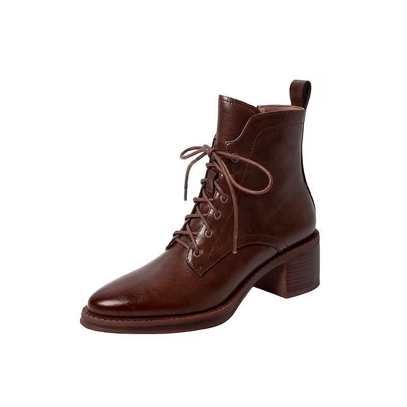 Soft Leather Thick-Soled Boots for Women, British Style Pointed Toe Lace-Up Side Zipper Slimming Look Brown Thick High-Heeled Short Boots for Small People Soft Leather Thick-Soled Boots for Women, British Style Pointed Toe Lace-Up Side Zipper Slimming Look Brown Thick High-Heeled Short Boots for Small People