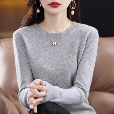 Suéter Básico de Lana Pura con Cuello Redondo para Mujer Talla Grande Lana Pura Suelto