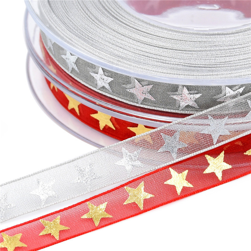 Transfronterizo nueva estrella de cinco puntas Cinta de Oro de plata caliente decoración de Navidad embalaje de regalo cinta de nieve Navidad 20 m