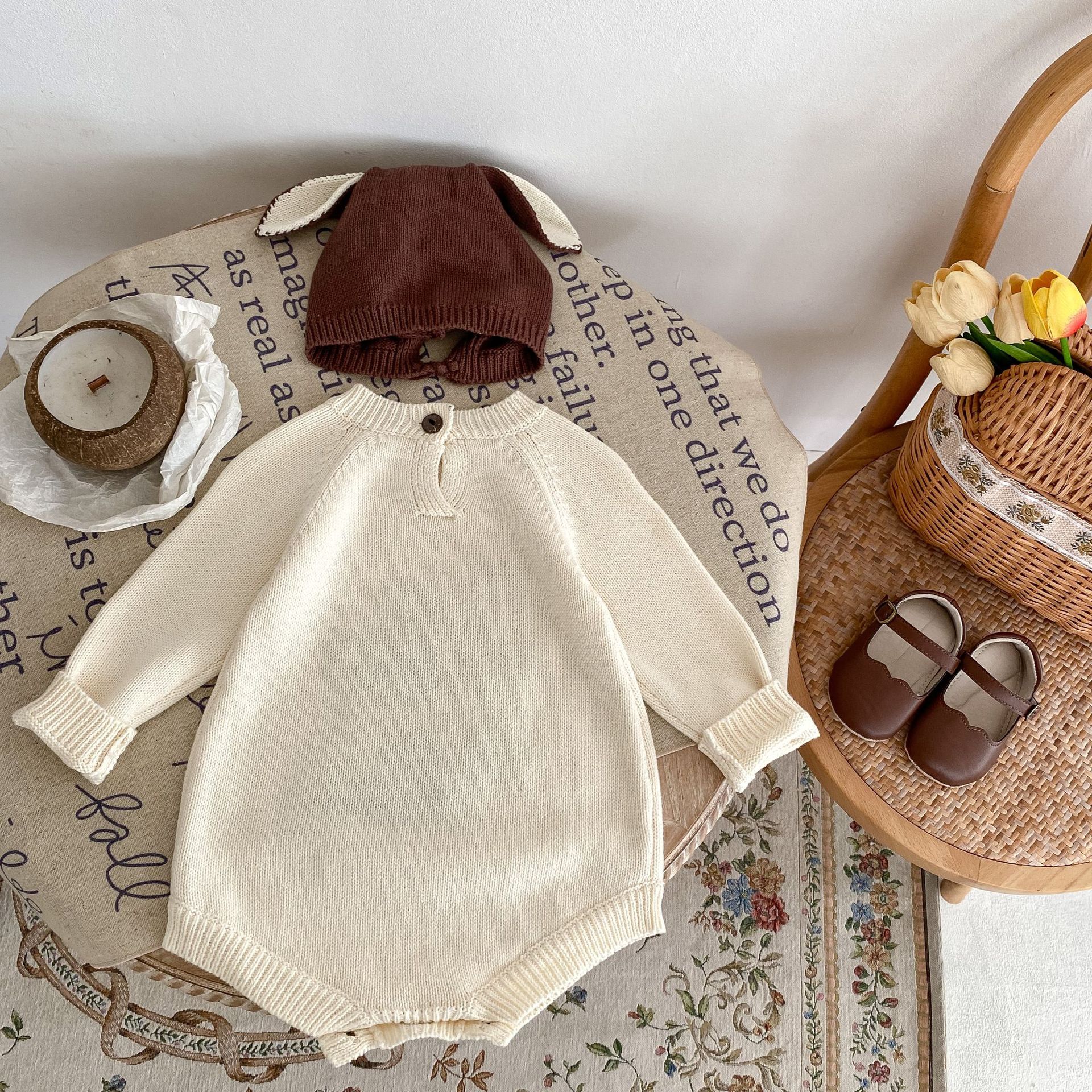 Tuta con cappuccio in maglia a maniche lunghe con motivo a cervo maculato, bambina, autunno 2024, triangolo, tuta da arrampicata, cappello opzionale_voghion.com