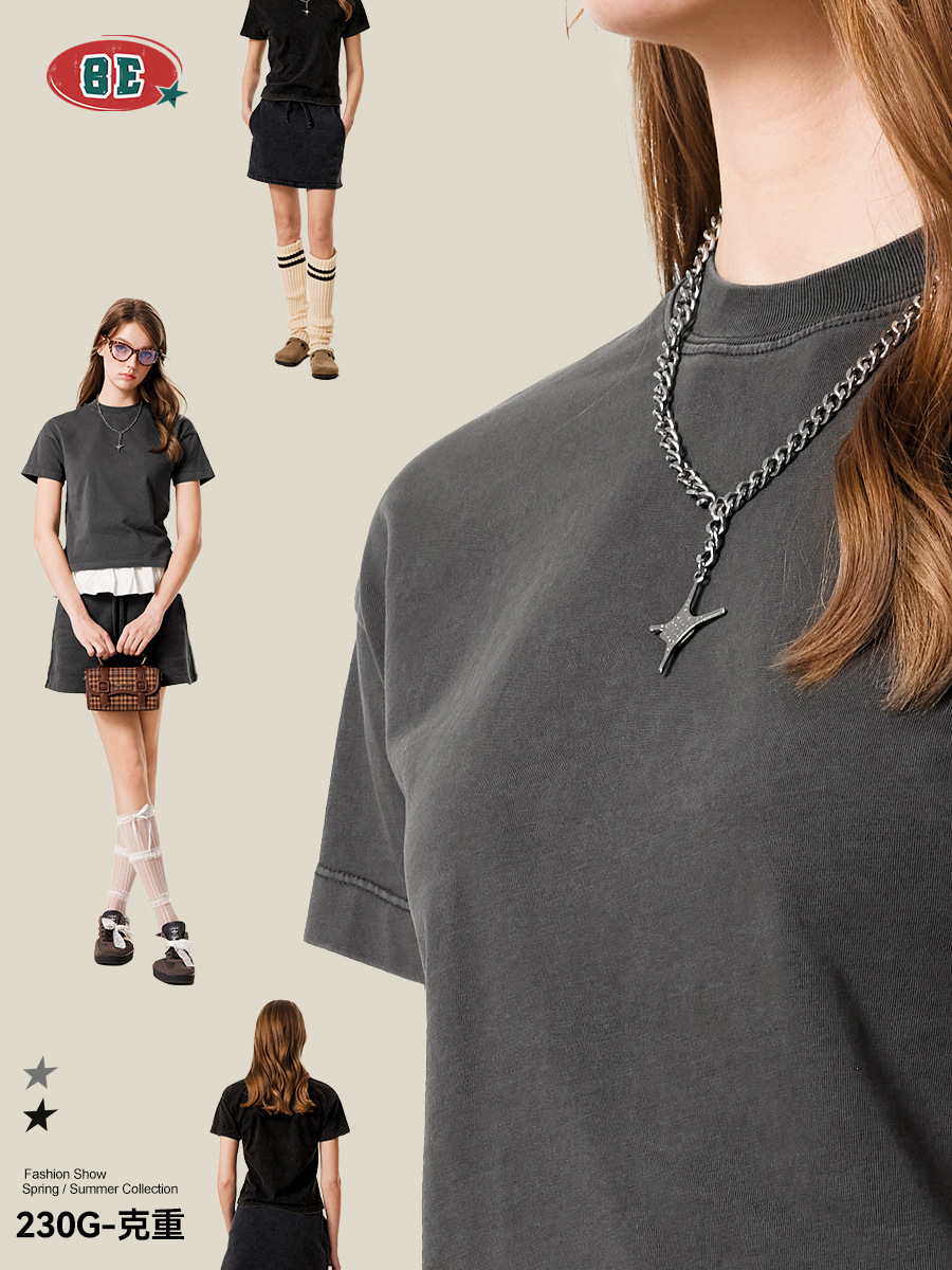 BE ropa de mujer | 2025 verano comercio exterior europeo y americano Milán doble hilo básico industria pesada copo de nieve frito camiseta de color sólido de manga corta mujer image 6