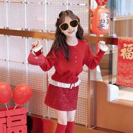 女童毛衣红色春秋款2026新款儿童洋气针织衫女孩过新年纯色拜年服
