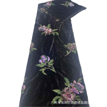 厂家秋冬新款珠片布紫金花中式黑色重工钉珠刺绣丝绒外套亮片面料