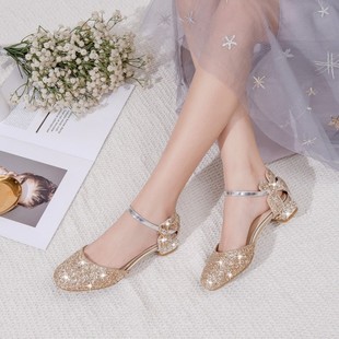 2025 Summer Low Heel Closed-Toe Children's Low Sandals Girls' Shoes with Rhinestones and Sequins for Dance Performances 28-43