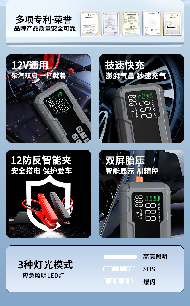Car air pump and jump starter all-in-one device, emergency power supply, electric air pump, car jump starter device, air pump