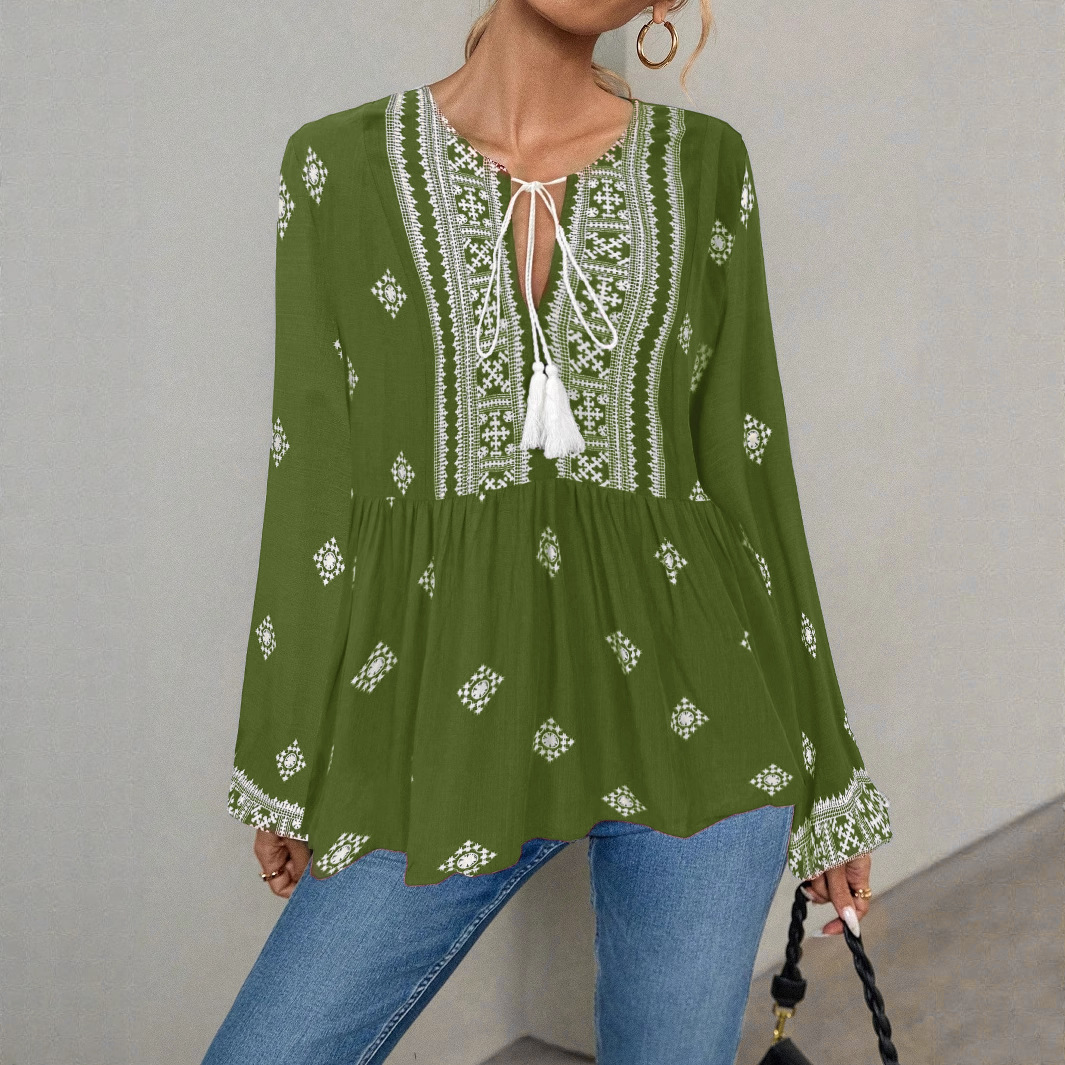 Chemise K New Retro à col semi-ouvert, lacets et manches lanternes amples_voghion.com