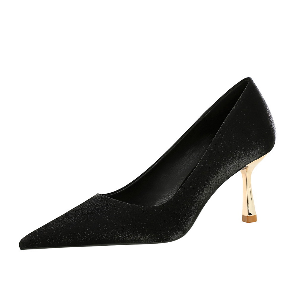 9527 French-style Fashion Banquet Pointed-toe Shallow Gold Silk Satin High-heeled Women, High-end Metal Stiletto Single_vogvips.com