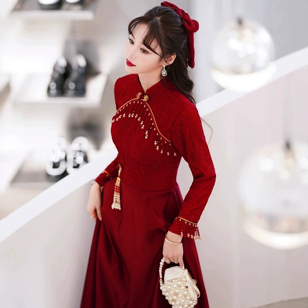 Cheongsam тост костюм невесты осень-зима винно-красный свадебный помолвка маленькое женское платье назад платье высокого уровня с длинными рукавами