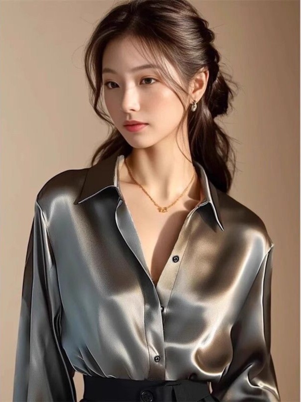 高级感气质翻领衬衫女长袖早春新款缎面职业上衣百搭显瘦衬衣|undefined