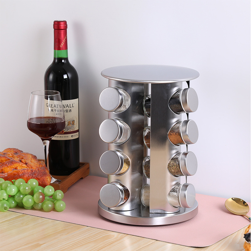 Estante redondo de condimentos de acero inoxidable Estante de suministros de cocina Condimento Encimera doméstica Estante de almacenamiento de sal, azúcar y pimienta