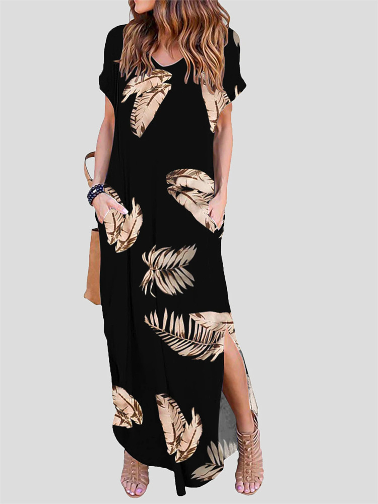 print short sleeve loose slit long Dress NSSRX129104