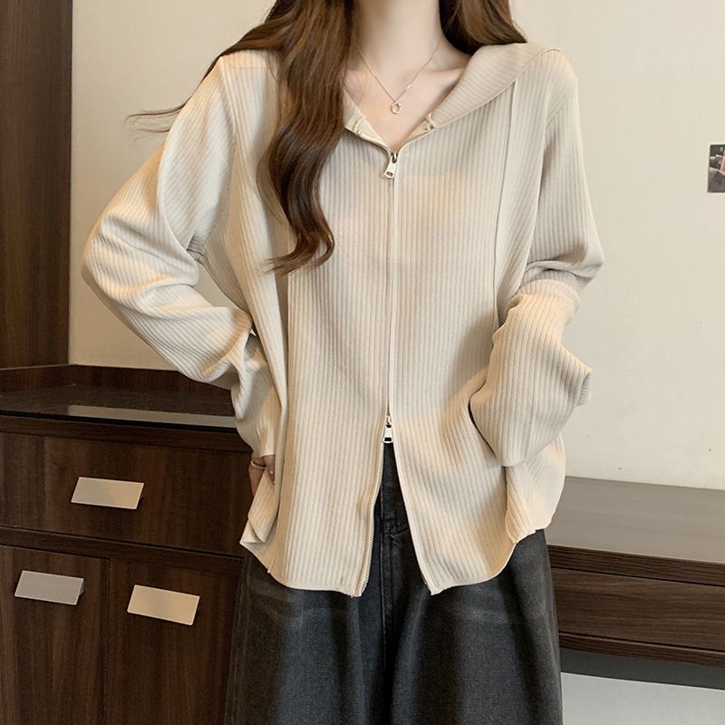 더블 지퍼 후드 가디건 스웨트 봄과 가을 얇은 새로운 느슨한 플러스 사이즈 디자인 틈새 후드 긴 소매 탑