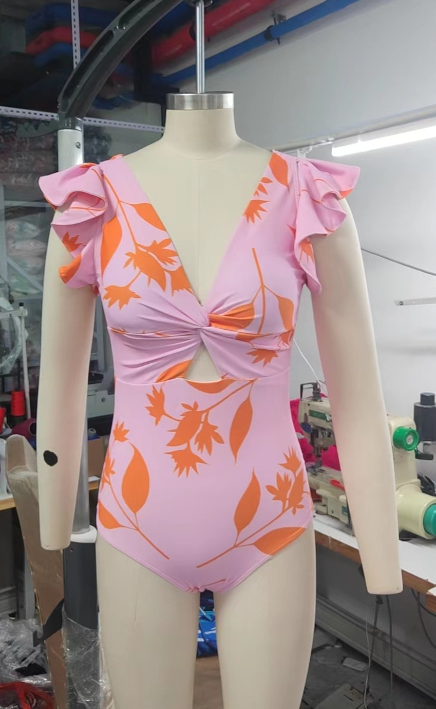 192g Weight Sleeveless Sleeve Length Nylon Fabric Type Regular Top Length Bodysuit Tops Type Swimming Occasion Deep V Neckline Slim Fit Type Leaves Pattern Women's Gender Sexy, Bohemian Style Women's Sexy Bohemian Leaves One Piece Swimwear 无