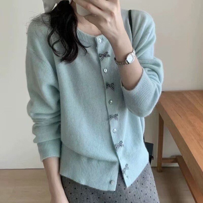 Korean Style Spring Round Neck Shell Buckle Bow Cardigan Sweater Jacket Women's New Style Small Solid Color Sweater Trendy