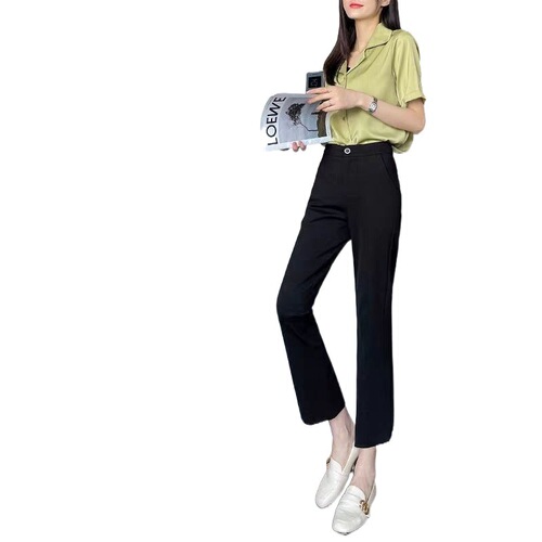 Women's Summer Ice Silk High-Waisted Droopy Feel Trendy Thin Slim Straight Leg Suit Pants with 9/10 Length