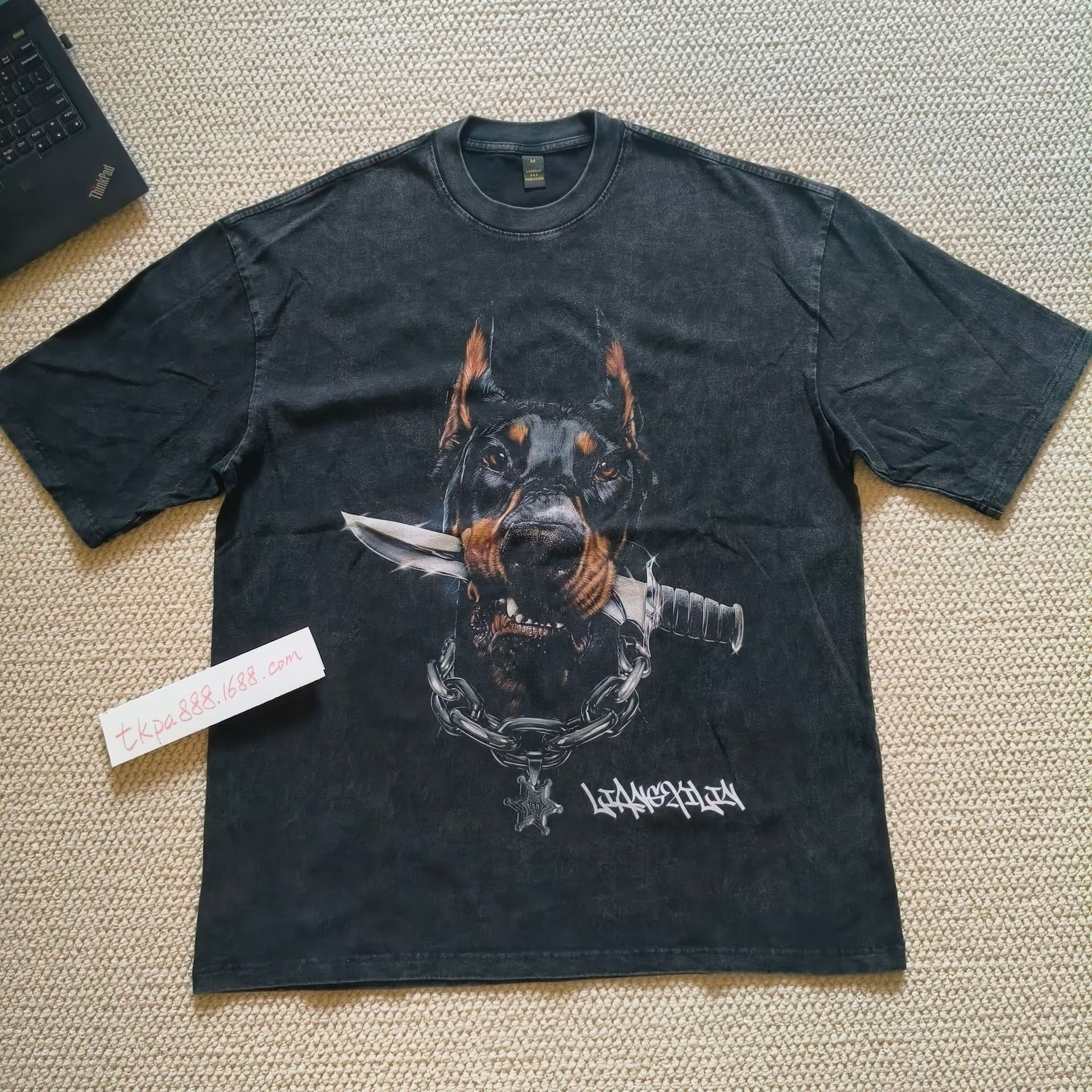 American high street trendy brand T-shirt Doberman printed wash retro loose heavy cotton short-sleeved T-shirt for men and women cross-border