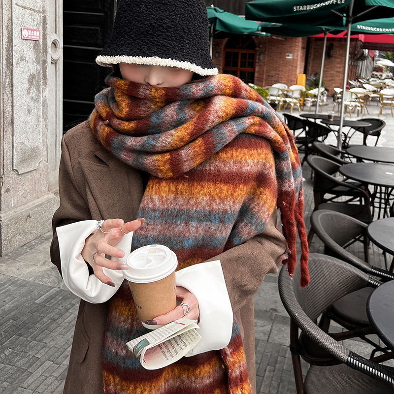 Korean version striped color contrast patchwork scarf mohair tassel scarf for women in winter, versatile shawl for_voghion.com