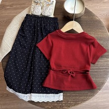 女童夏装短袖T恤宝宝洋气儿童个性潮牌韩版红色露背绑带镂空上衣