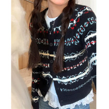 条纹新款撞色针织开衫女2025年秋季提花设计感毛衣外套女上衣潮