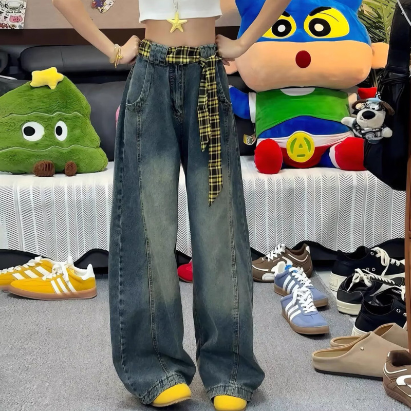 2025 Spring and Autumn High Street Men's Workwear Jeans Loose Washed Long Pants High Waist Zipper Front Men's Trousers