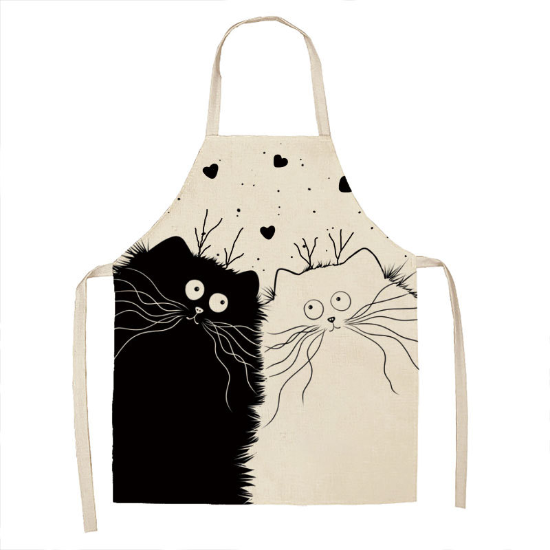 Gato blanco y negro de dibujos animados delantal lino cocina casera sin mangas halter antifouling cintura niños babero
