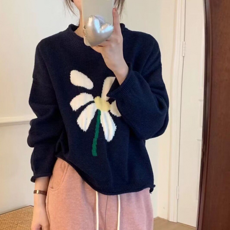 毛衣女秋冬2024年新款撞色花朵图案高级感小众复古白色圆领毛衣女