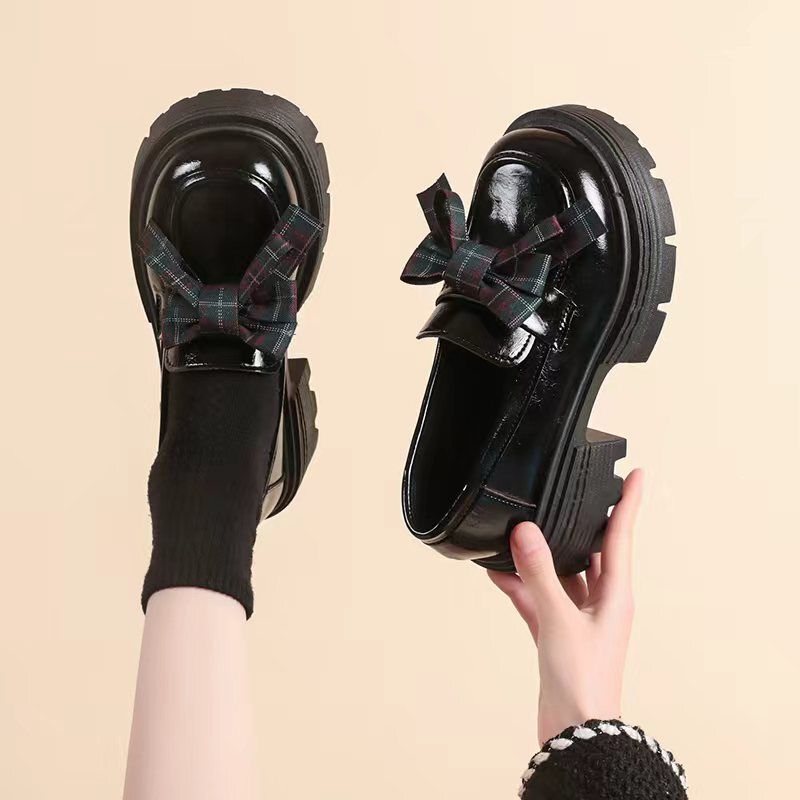 2024 Spring New College Style Versatile Retro Commuting Bowknot Leather Shoes High-End Thick-Soled Loafers for Women