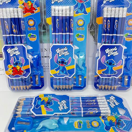 Cartoon Stitch Wood Pencil Stitch Blue Rabbit HB Round Rod Wooden with Eraser Children's Pencil