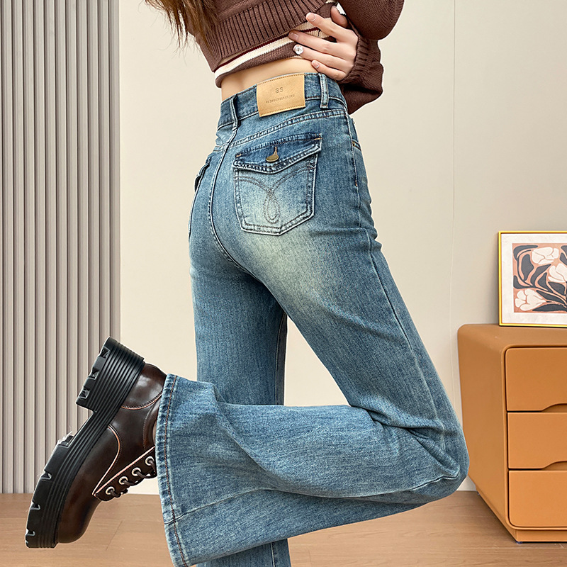 Retro Blue Bootcut Jeans for Women Autum 2025 New High-Waist Slimming Look Small Nostalgic Draped Flared Pants