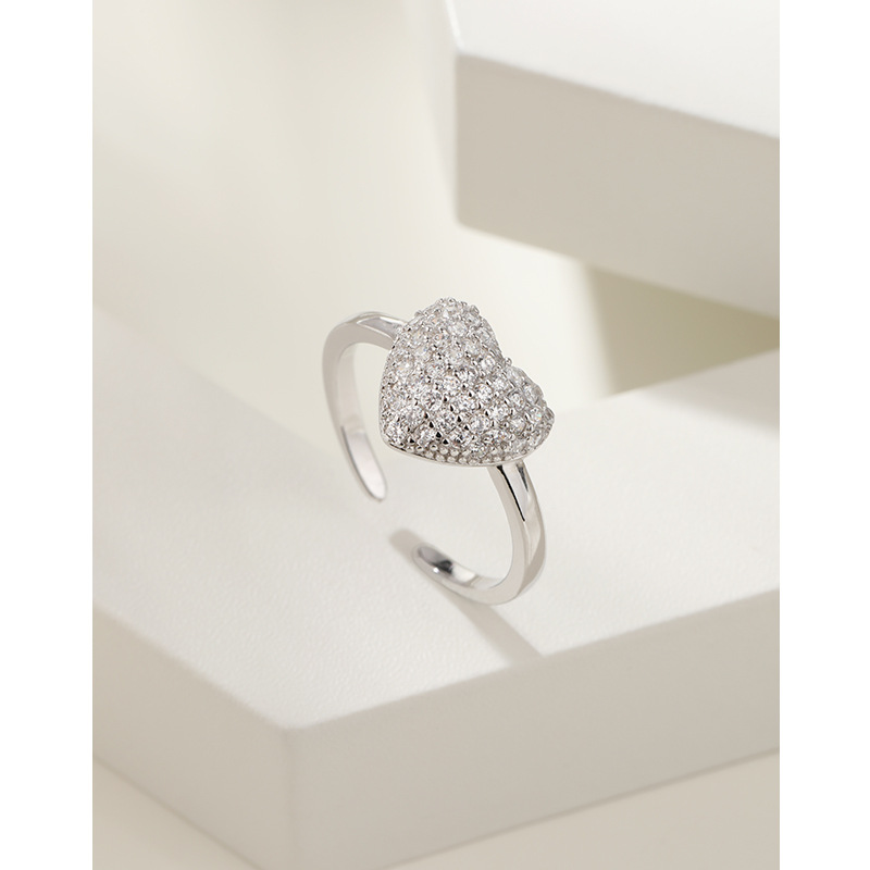 Anillo de diamante de plata esterlina 925 en forma de corazón femenino simple y universal nicho de alto nivel amoroso anillo de apertura joyas