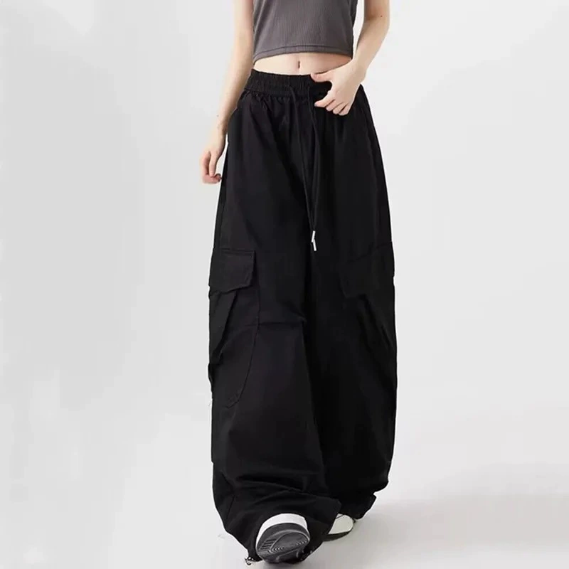 Тонкие черные брюки-карго в американском стиле для мужчин и женщин с завязками, повседневные свободные широкие брюки, брюки для джазовых танцев.