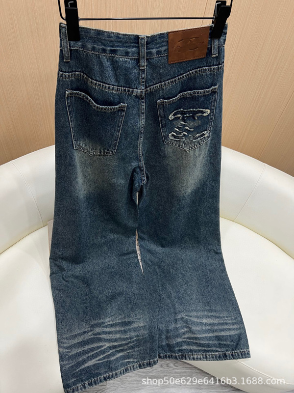 美式水洗复古做旧阔腿牛仔裤女春秋新款高腰显瘦宽松直筒拖地长裤|undefined