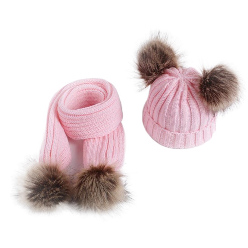 Cross-border supply 2020 Winter new children's hat scarf set imitation raccoon ball double ball baby hat