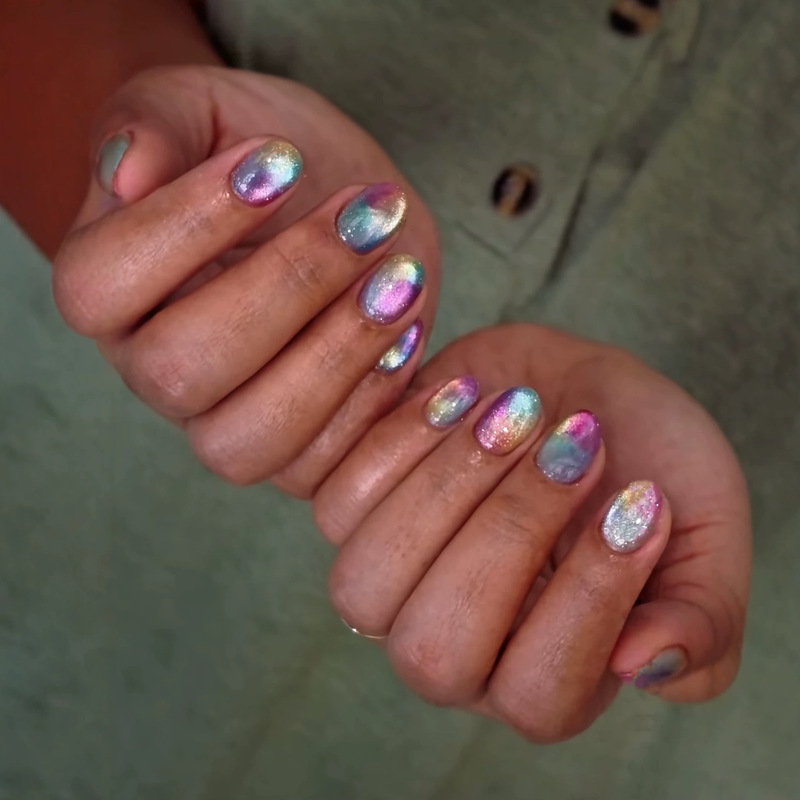 Neon Aurora Glazed Cat Eye Press-On Nails, Commuting Short Solid Color Manicure Nails, High-End Handmade Wholesale Nails
