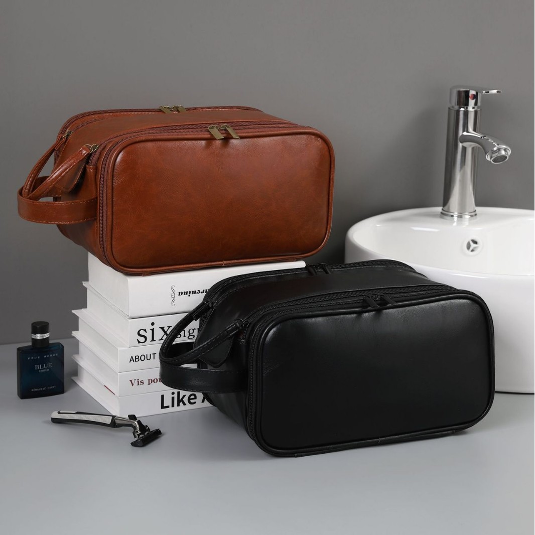 New cross-border three-compartment multifunctional men's PU toiletry bag, portable, waterproof, large-capacity, with partitioned storage for makeup