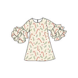 新款欧美精品店童装外贸批发圣诞节拐杖印花女孩喇叭袖连衣裙